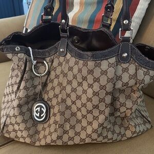 Gucci Beige and Brown GG Canvas Tote with Leather Trim
